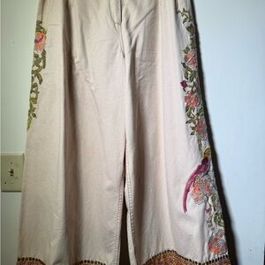 Aratta Floral Embroidered Cream Wide-Leg Pants